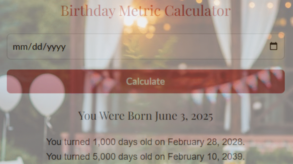 Birthday Metric Calculator Work