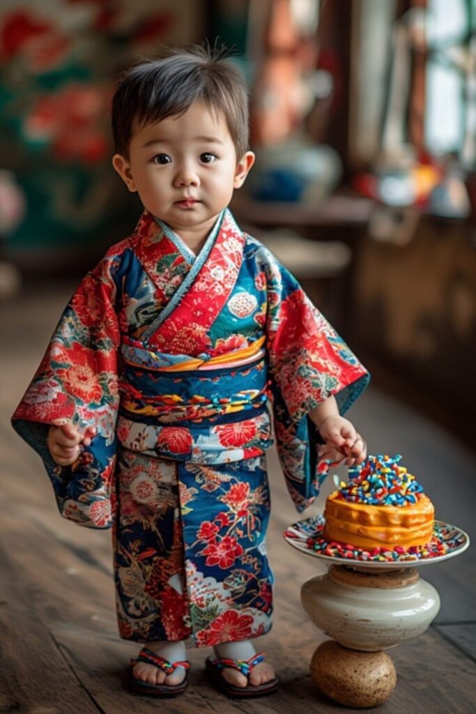 1-Year Baby Boy Japanese Cultural Birthday Kimono Dress 