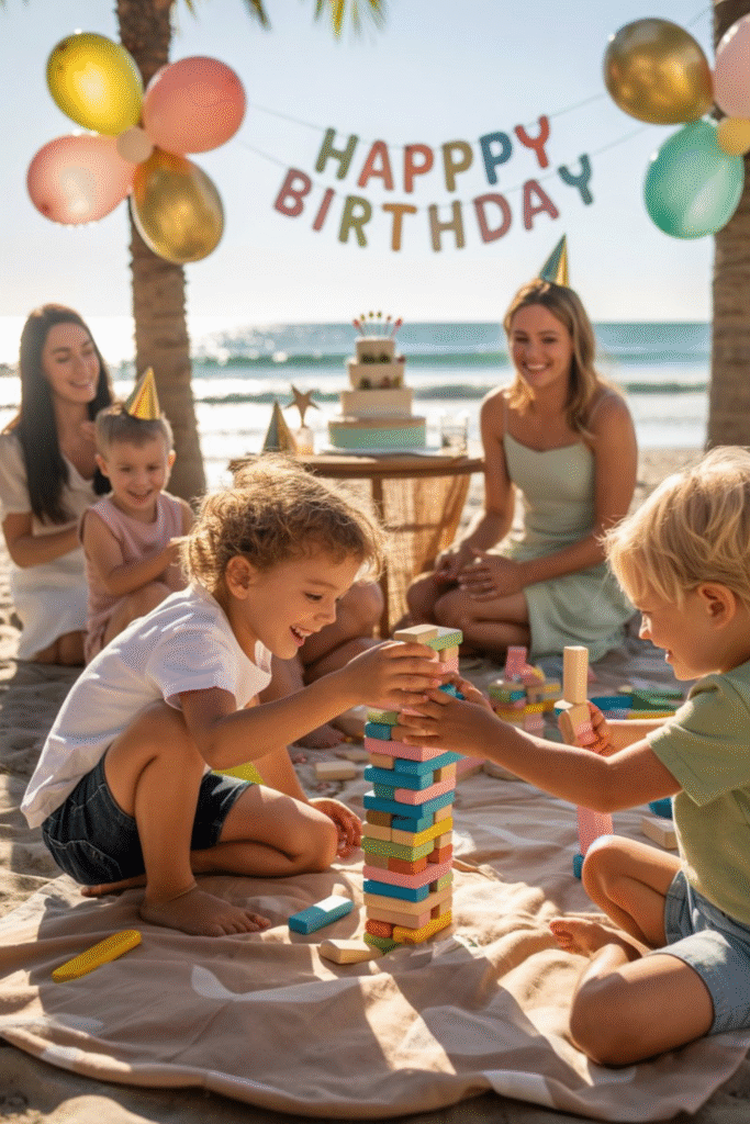 Birthday Wooden Block Stacking Game at Beach